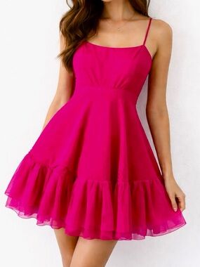 LetMeBe Anthro Fuchsia Red Velvet Tulle Mini Dress Gown Spaghetti-Strap XS